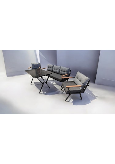 Pi Locca Bahçe Balkon Mobilyası Antrasit Gri 3+1+1 Perla Masa Antrasit - Gri