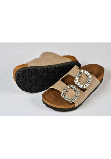 Kız Çocuk Mantar Tabanlı Çift Tokalı Ortopedik Birkeen Arizona Taşlı Terlik Bej
