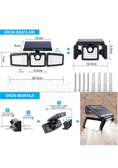 Greentech Güneş Enerjili Hareket Sensörlü 3 Taraflı Led Aydınlatma / GT-SL07
