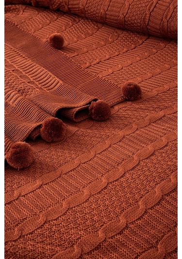 Tek Kişilik Triko Örme Battaniye - Yumuşak Dokulu & Şık Yatak Örtüsü-örgü Battaniye - Kiremit Kıremıt Kiremit