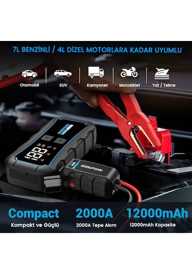 Avapow E5 Pro 12000MAH 2000A Jump Starter Taşınabilir Akü Takviye Kiti (Powerbank + LCD + LED Işık)