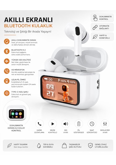 Akıllı Ekranlı Bluetooth Kulaklık Dokunmatik Ekranlı Şarj Kutusu Beyaz