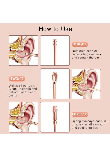 Gajeena 6'li Paslanmaz Çelik Kulak Temizleme Seti - Taşınabilir Spiral Kulak Kaşığı Seti Gümüş