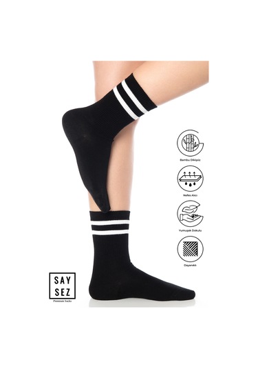 Bambu Unisex Tenis Kolej Çizgili Siyah Premium Dikişsiz Soket Çorap Siyah