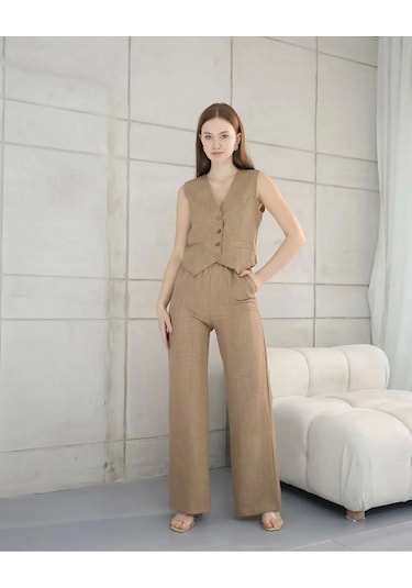 Genculus Rahat Form Yelekli Pantolon Takım Modern Fit Keten Takım Siyah