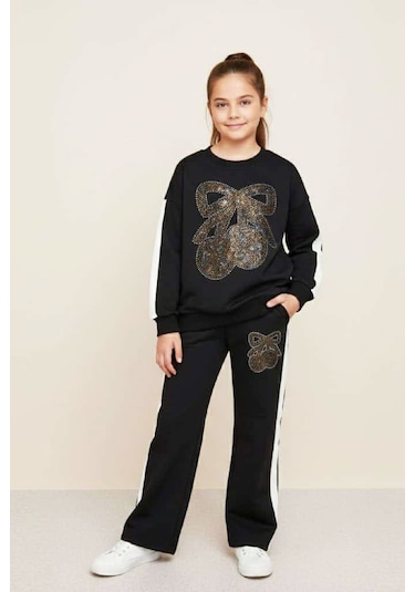 Kız Çocuk Taş İşlemeli Kiraz Ve Fiyonk Desenli-2 İplik-alt-üst Takım-5-12 Yaş 12445 Siyah