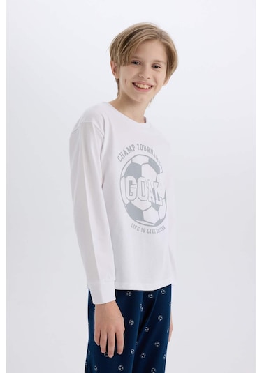 DeFacto Erkek Çocuk Pijama Takımı Bisiklet Yaka Baskılı Uzun Kollu Üst Desenli Alt D5215A824WNWT34