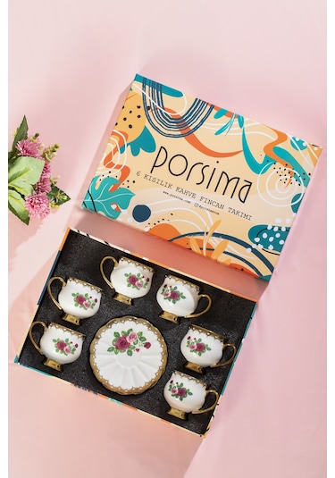 Porsima 3187 Majesty 12 Parça Yaldızlı Porselen Türk Kahve Fincan Takımı Çok Renkli