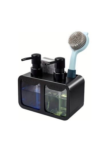 Gateesat Siyah 4ü 1 Arada Sabunluk Lavabo Organizatörü Çift Sabun Dispanseri Sünger Ve Fırça Tutucu Siyah