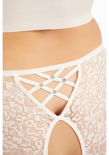 Transparan Tüllü Dantel Ve Taş Detaylı Özel Bölgesi Açık Büyük Beden Kadın Tanga Külot 3'lü Paket-2 Renkli-3