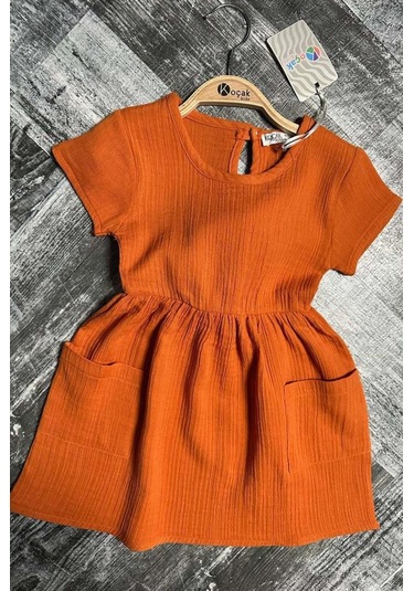 Riccotarz Kız Çocuk Çift Cepli Salaş Kesim Kolsuz Kiremit Müslin Elbise Kiremit