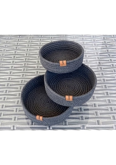 3 Adet Yuvarlak Sepet 20cm Antrasit Jüt Polyester