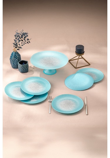 Emsan Pastel 7 Parça Cam Pasta / Tatlı Seti Mavi Mavi