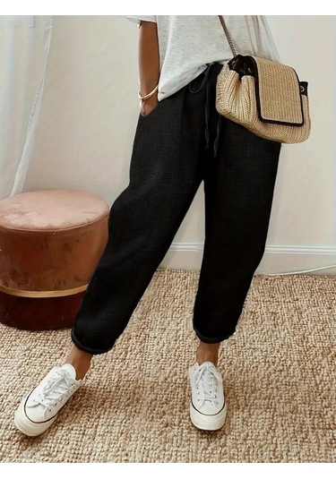 Simala Kadın Yüksek Bel Lastikli Belde Bağcık Detaylı Aerobin Pantolon Siyah