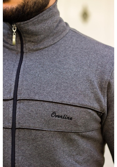 Gri Nakış Detaylı Rahat Kalıp Fermuarlı Erkek Eşofman Takım Gri