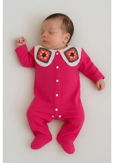 Kız Bebek Wintage Örgü Yaka Detaylı Tulum %100 Pamuk Pembe
