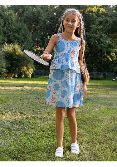Sheshe Yaprak Desenli Pamuklu Askılı Kız Çocuk Elbise Renkli