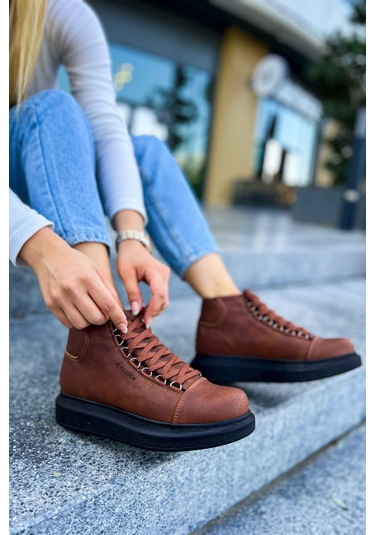 Pabucmarketi Bağcıklı Kadın Sneaker Bot Taba Taba