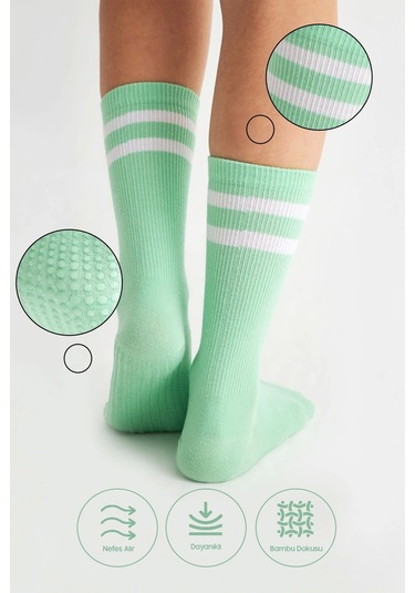 Bambu Kadın Yeşil Kaydırmaz Taban Silikon Baskı Yoga Fitness Pilates Bale Dans Tenis Çorabı Çok Renkli