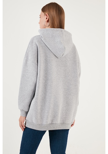 Lela Regular Fit Pamuklu Kapüşonlu Yaka Şardonlu Kışlık Bayan Sweat 5863854 Gri Melanj