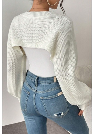 Tarz Cool Kadın Beyaz Dekolteli Crop Triko Bolero Beyaz