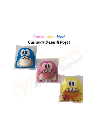 100 Adet Pembe-sarı-mavi Renkli Canavar Desenli Cake Pop & Kurabiye Poşeti-10x15 Cm