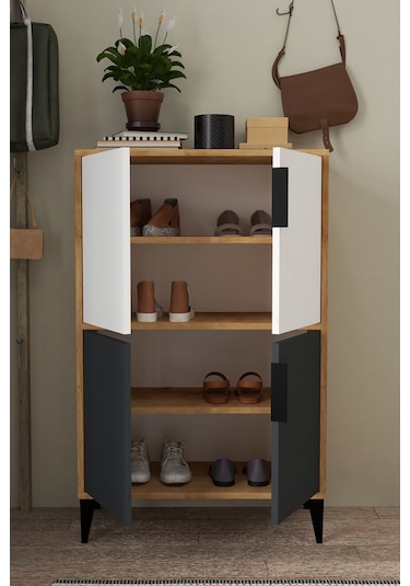1404 Ada Ayakkabılık 4 Raflı 4 Kapaklı Çok Amaçlı Dolap Kiler Safir Beyaz Antrasit Safir Beyaz - Antrasit - Safir