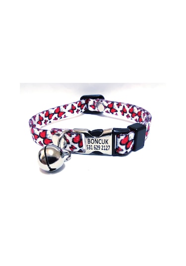 Ayz Markalama İsimli Metal Kilitli Kedi Tasması Beyaz - Kırmızı M