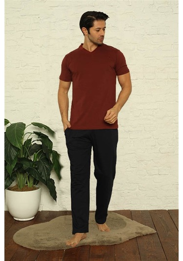 Akbeniz Erkek Bordo V Yaka 3'Lü Pijama Takım 6822-Bordo