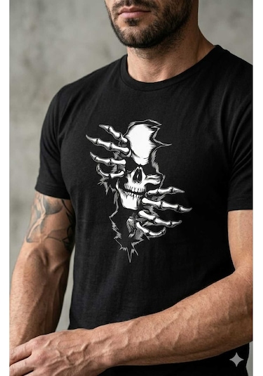 Erkek Pamuklu Rahat Kalıp Kurukafa Baskılı T-shirt Siyah