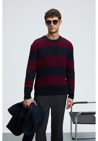 BRAID Erkek Yuvarlak Yaka Saç Örgü Desenli Regular Fit Bordo - Lacivert Kazak