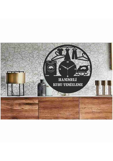 Kuru Temizleme Temalı Ahşap Duvar Saati 50 Cm Siyah