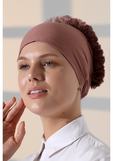 Kadın Fırfırlı Güpürlü Tesettür Topuz Bone - Gül Kurusu Gülkurusu