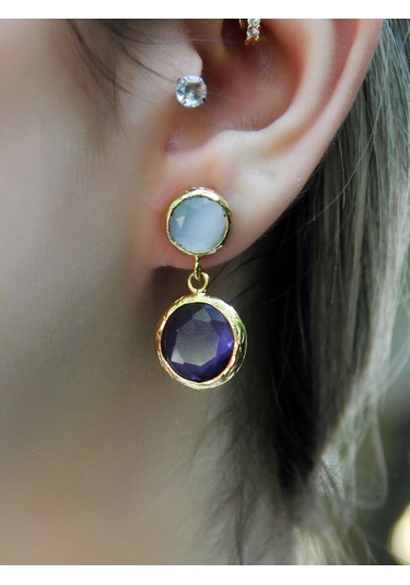 İkili Yuvarlak Modelli Kedigözü Cam Gold Kaplamalı Kadın Küpe Euku25bl Lacivert