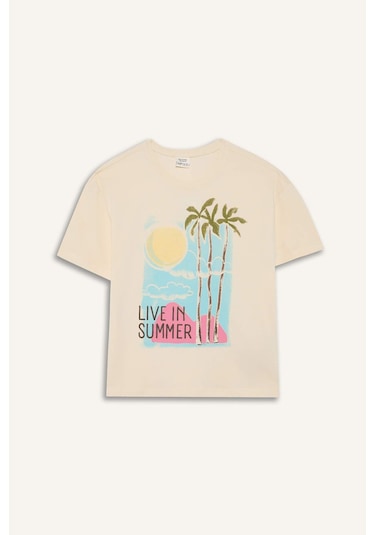 Defacto Kız Çocuk Relax Fit Bisiklet Yaka Baskılı Kısa Kollu Tişört E0353a825smer134 Ekru