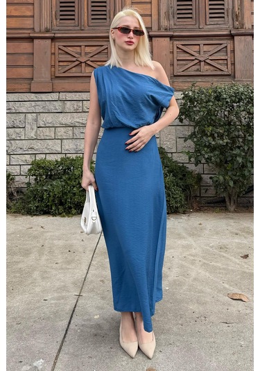 Madmext Madmext İndigo Düşük Omuz Elbise Mg2349 Indigo