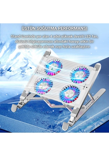 Coofbe Led Işıklı Yükseklik Ayarlı Katlanabilir 4 Fanlı Notebook Laptop Soğutucu Turbo Fan Laptop Standı