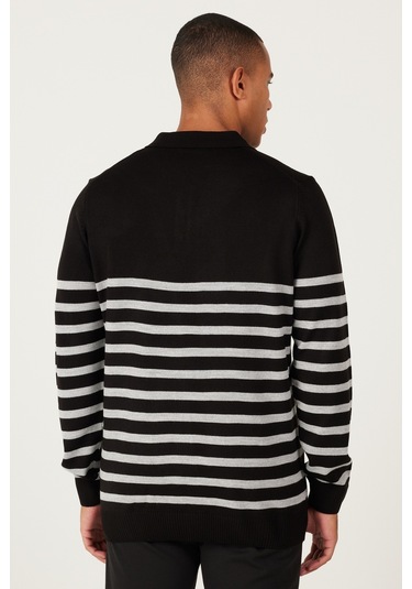 AC&Co / Altınyıldız Classics Erkek Sıyah-antrasıt Standart Fit Normal Kesim Polo Yaka Çizgili Triko Kazak Siyah - Antrasit