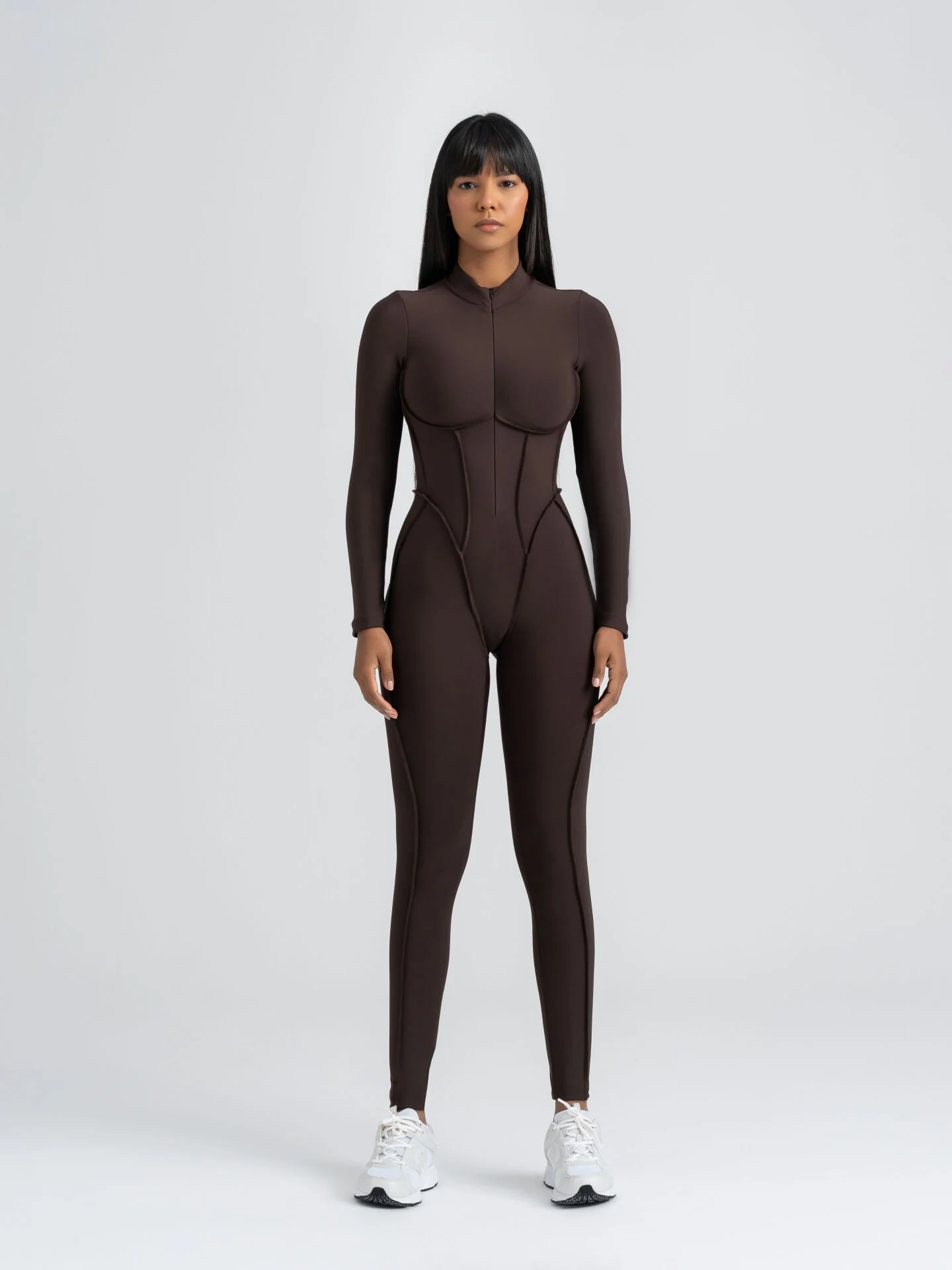 Dikişle Modellenmiş Spor Tayt Tulum Kahverengi