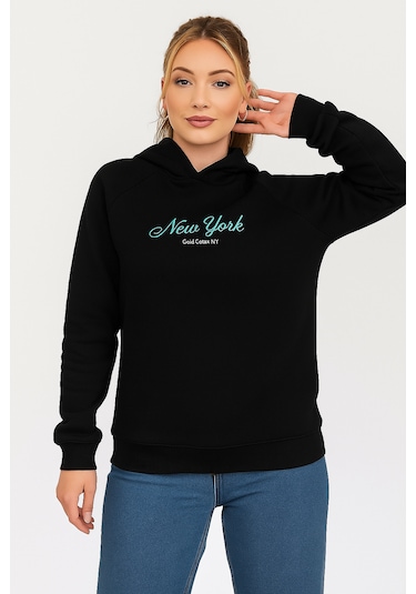 Kadın Kapşonlu Nakışlı Siyah Sweatshirt Siyah