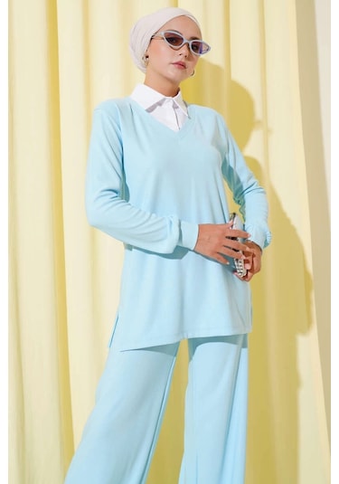 Biçomi Gömlek Yaka Fitilli Salaş İkili Takım Buz Mavisi T4300 Mavi