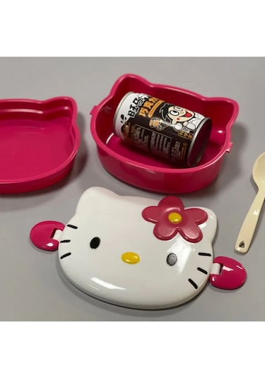 Kawaii 3d Hello Figür Kabartmalı 2 Katlı Çatal Ve Kaşıklı Kilitli Beslenme Çantası Kutusu