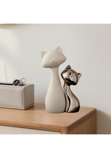 Homyl Şömine Masası Ofisi Için 2 Parça Kedi Heykeli Seramik Küçük