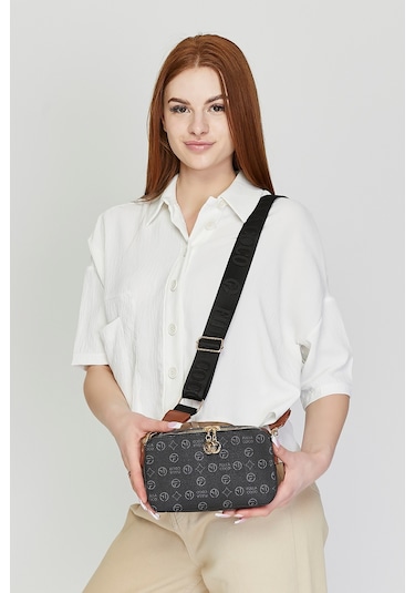Morpelikan Siyah Monogram Kolon Askılı Kadın Omuz Çantası Siyah