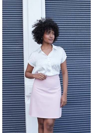 Yüksek Bel Hafif Likralı Kumaş Diz Boy Çan Etek-pembe Pembe