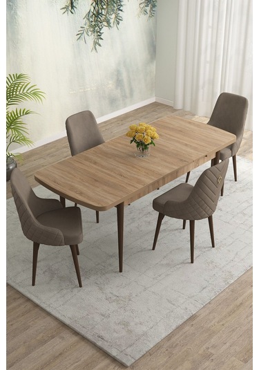 Meri Serisi 80x132 Açılabilir Mdf Meşe Masa Takımı 4 Lacivert Sandalye Kahve Ayak Cappucino