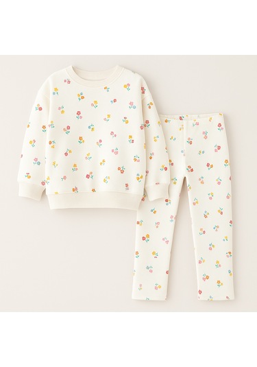Kız Çocuk Çiçek - Leopar Detaylı 3 İplik Alt Üst Takım Sweatshirt + Tayt Çiçekli