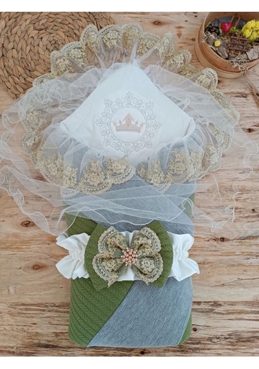 Yenidoğan Teri Cotton Taç Nakışlı Prizma Taş Kundak Bebek Battaniyesi Yeşil