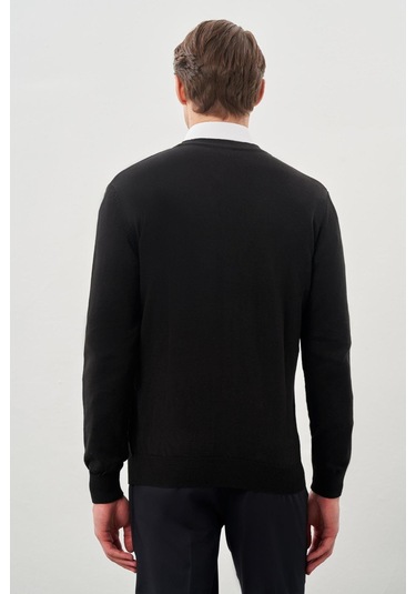 Siyah Uzun Kol Örme V Yaka Comfort Fit Rahat Kesim Klasik Triko Siyah