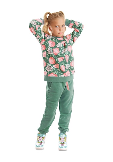 Denokids Pembe Çiçekli Kız Çocuk Yeşil Pembe Eşofman Takım Pembe - Yeşil